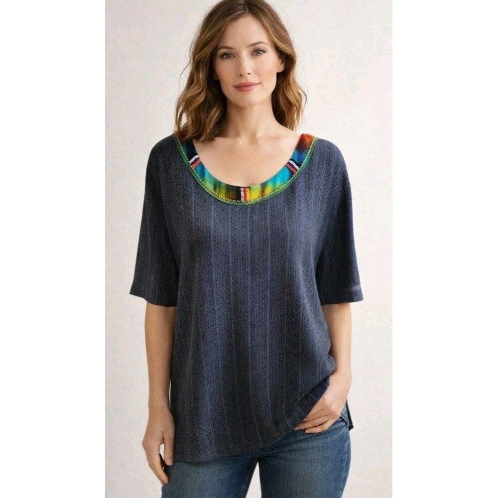 Surya II Blouse Size XL Purple Beaded Neckline Short Sleeve Rayon
